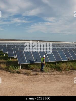 Manor Texas USA, 2012: White male utilise une caméra d'imagerie thermique pour effectuer le contrôle de la qualité et vérifier les mauvaises cellules à la ferme solaire de Webberville, le plus grand projet solaire actif de tout service public d'énergie dans le pays. Il dispose de plus de 127 000 modules et peut générer plus de 61 millions de kWh d'électricité, Texas - 2012. ©MKC / Daemmrich photos Banque D'Images