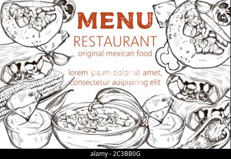 Composition artistique mexicaine avec maïs, piment, tacos et soupe épicée aux haricots. Modèle de menu pour le restaurant. Style d'esquisse. Placer pour le texte. Vecteur Illustration de Vecteur