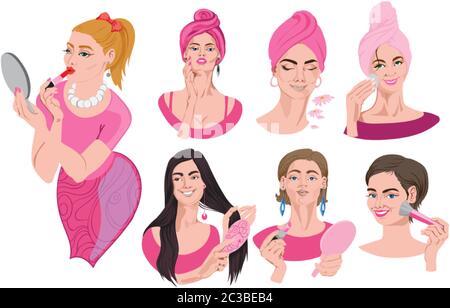 Ensemble de portraits de femme en vêtements roses faisant du maquillage. Se brosser les cheveux, porter un rouge à lèvres, poeusser le visage. Vecteur Illustration de Vecteur