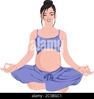 Femme enceinte pratiquant le yoga Vector. Faire du lotus poser en violet pyjama vecteur Illustration de Vecteur