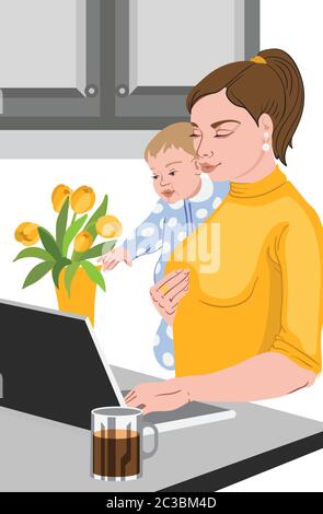 Mère avec son bébé dans ses mains travaillant à l'ordinateur portable, près d'un vase plein de tulipes, et boire du café. Vecteur Illustration de Vecteur