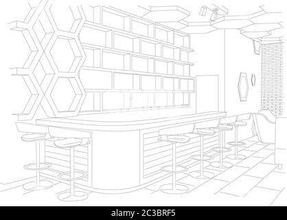 Esquisse d'un café moderne avec canapé et tables. Côté barre. Vecteur Illustration de Vecteur