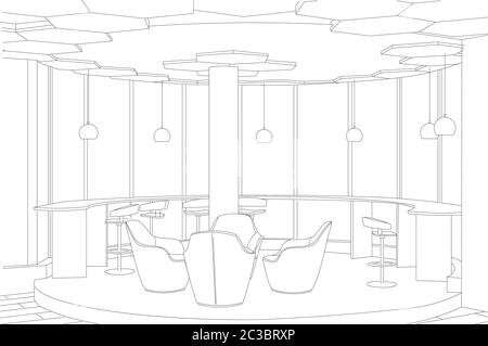 Esquisse d'un café moderne avec canapé et tables. Grandes fenêtres et lumières. Vecteur Illustration de Vecteur