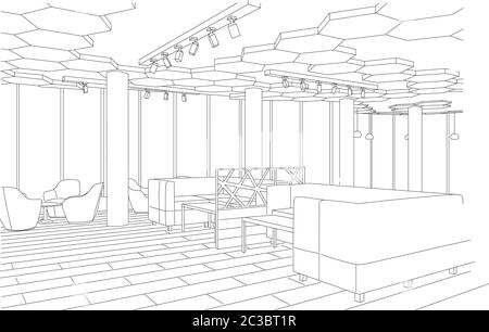 Esquisse d'un café moderne avec canapé et tables avec grandes fenêtres. Vecteur Illustration de Vecteur