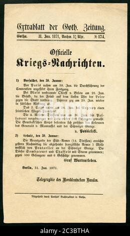 Europa, Frankreich , Deutschland, Deutsch-Französischer Krieg, Extrablatt der Goth. Zeitung vom 31. 1871 janv. , n° 174 ,' officielle Kriegs-Nachrichten , Versailles , den 30. Januar ' , aktuelle Darstellungen der Kriegshandlungen, hier U. Kämpfe BEI Blois, BEI Pasavant und an der schweizer Grenze , Größe des Blattes : 15 cm x 27 cm . / Europe, France, Allemagne, Guerre franco-prussienne, fiche d'information du journal Gothaischen, de 31. Janvier 1871, n° 174 , les nouvelles officielles de la guerre, Versailles 30. 01. , nouvelles actuelles des actes de guerre, les batailles près de Blois , près de Passavant Banque D'Images