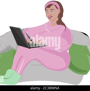 Jeune fille heureuse en pyjama rose et chaussettes vertes travaillant sur son ordinateur portable avec un stylo graphique. Assis sur le sac à grains. Idée de travailler à domicile. Vecteur Illustration de Vecteur