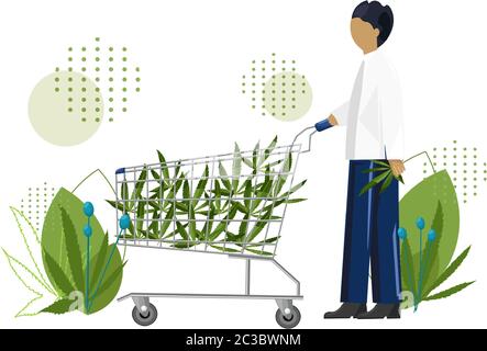 Un jeune homme qui fait du shopping laisse du cannabis dans un chariot. Vecteur Illustration de Vecteur