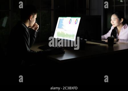 Young adult asian businessman and woman travailler tard dans la nuit dans leur bureau avec ordinateur de bureau et ordinateur portable. En utilisant comme travail dur et travailler tard Banque D'Images