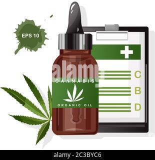 Huile biologique de cannabis avec des feuilles de marijuana. Avantages du CBD sur le presse-papiers papier. Vecteur Illustration de Vecteur