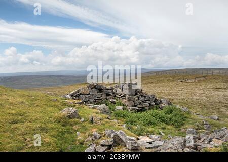 Bâtiment en ruines sur la Great Stony Hill avec la vue vers la grande chute de Dun, Little Dun Fell et Cross Fell, North Pennines, Upper Teesdale, County Durha Banque D'Images