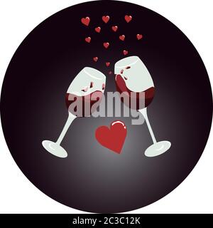 Verres à vin rouge qui se clinquent avec des coeurs qui survolent. Vecteur de jour de Saint-Valentin Illustration de Vecteur
