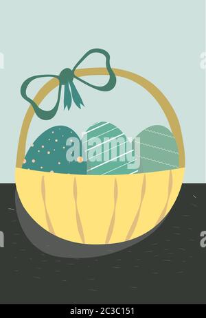 Panier avec un ruban rempli d'œufs de Pâques. Fond noir et turquoise. Vecteur Illustration de Vecteur