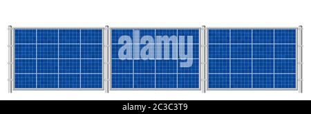 Clôture solaire. Panneaux photovoltaïques pour la production écologique d'électricité. Ensemble de collecteurs de plaques solaires - illustration sur fond blanc. Banque D'Images