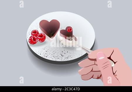 Fille mangeant un gâteau en forme de coeur avec des décorations de fruits de framboise. Idée de jour d'amour. Vecteur Illustration de Vecteur