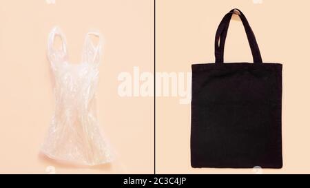 sac plastique vs sac fourre-tout écologique naturel réutilisable pour le shopping, plat sur fond pastel. concept durable. zéro déchet. article sans plastique Banque D'Images