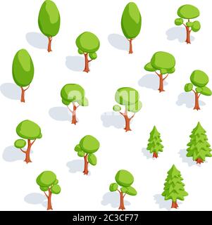 Ensemble d'arbres isométriques. Feuillus et épicéa Illustration de Vecteur