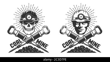 Le logo de mine avec une tête de mineur et des marteaux pneumatiques Illustration de Vecteur