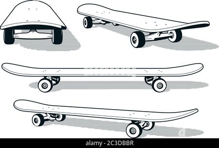 Planche à roulettes sous différents angles - imprimé rétro Illustration de Vecteur