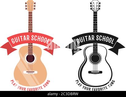 Logo de l'école de guitare acoustique avec ruban Illustration de Vecteur
