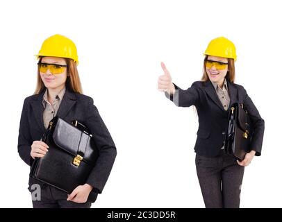 Woman construction worker isolated on white Banque D'Images