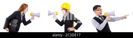 Female construction worker avec haut-parleur isolated on white Banque D'Images