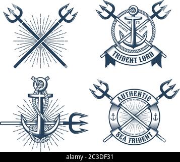 Logos vintage de tatouage bleu marine hipster avec rubans de tridents et ancres Illustration de Vecteur