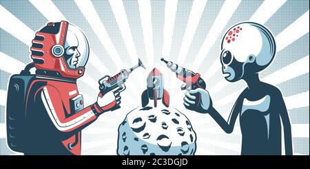 Extraterrestre avec un pistolet à lame contre l'astronaute dans l'espace avec laser Illustration de Vecteur