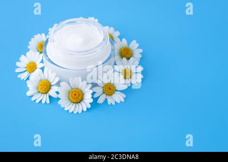 Crème visage dans un pot en verre sur fond bleu, concept de soins de la peau. Fleurs de camomille et hydratant. Produit cosmétique naturel à base de plantes. Espace de copie, emp Banque D'Images