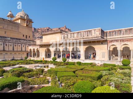 Jardin Amber Sheesh Mahal avec fort Jaigarh derrière, fort Amber, Jaipur, Rajasthan, Inde Banque D'Images