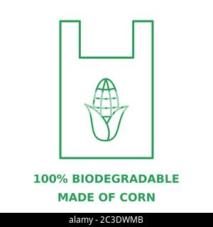 Sac plastique biodégradable en amidon de maïs. Sac vert avec icône de ligne de rafle de maïs. Emballage durable. Sac à provisions compostable. Illustration vectorielle Illustration de Vecteur
