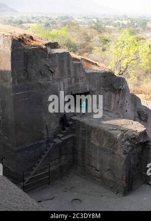 Vue depuis la grotte d'Ellora, Aurangabad, Maharashtra, Inde. Banque D'Images