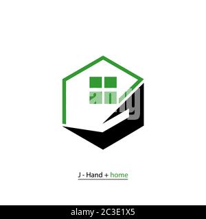 Logo d'entreprise de propriété, modèle de logo de soin à domicile, main (lettre J) et icône de concept de conception de maison, isolé sur fond blanc. Illustration de Vecteur
