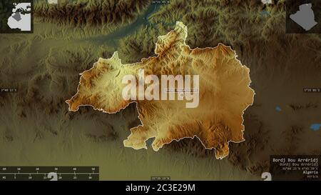 Bordj Bou Arréridj, province d'Algérie. Relief coloré avec lacs et rivières. Forme présentée dans sa zone de pays avec des superpositions informatives. 3D Banque D'Images