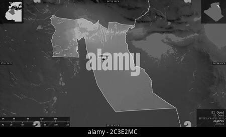 El Oued, province d'Algérie. Carte à échelle de gris avec lacs et rivières. Forme présentée dans sa zone de pays avec des superpositions informatives. Rendu 3D Banque D'Images