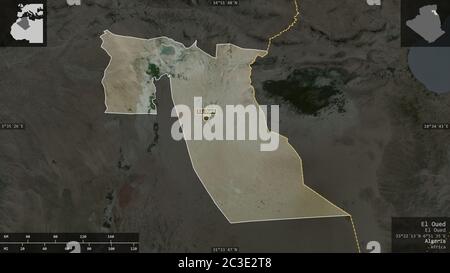 El Oued, province d'Algérie. Imagerie satellite. Forme présentée dans sa zone de pays avec des superpositions informatives. Rendu 3D Banque D'Images