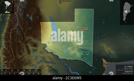 La Pampa, province d'Argentine. Relief coloré avec lacs et rivières. Forme présentée dans sa zone de pays avec des superpositions informatives. Rendu 3D Banque D'Images