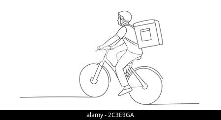 Illustration vectorielle de dessin de ligne de l'homme de livraison sur la moto. Illustration de Vecteur