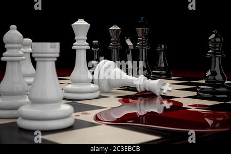 Illustration 3D de l'échiquier avec des figures pendant le jeu gros plan sur un fond sombre. Défaite des pièces d'échecs blanches Banque D'Images