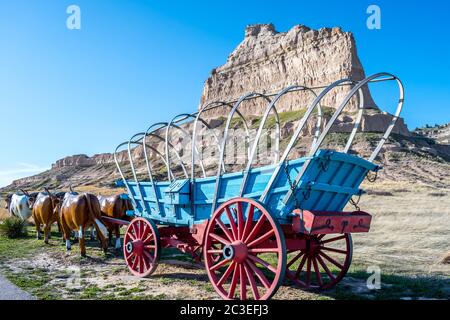 Conestoga Wagon au monument national de Scotts Bluff, Nebraska Banque D'Images