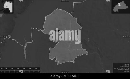 Nord, région du Burkina Faso. Carte à échelle de gris avec lacs et rivières. Forme présentée dans sa zone de pays avec des superpositions informatives. Rendu 3D Banque D'Images