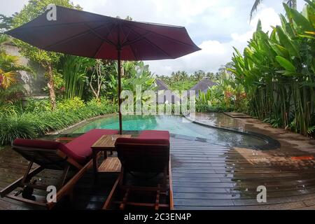 Bali, Indonésie - 06 mai 2019 : Villa tropicale Puri sebali Resort dans la région d'Ubud. Bungalow dans les jungles avec piscine privée et vue sur les terrasses à riz Banque D'Images