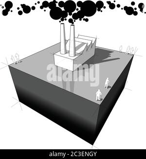 Bâtiment industriel ou usine polluant l'air de ses cheminées Illustration de Vecteur