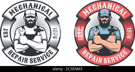 Logo rétro du service de réparation mécanique Illustration de Vecteur