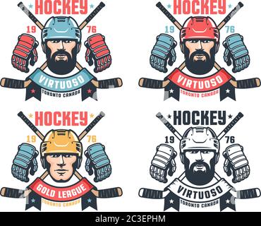 Logo vintage de hockey avec joueur barbu, bâtons croisés et ruban Illustration de Vecteur