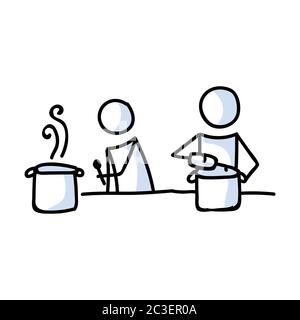 Adorable figurine bâton deux recettes de cuisine de chef icône de linéart. Pictogramme de préparation du dîner. Communication de l'illustration des repas du restaurant. Cuisine avec Illustration de Vecteur