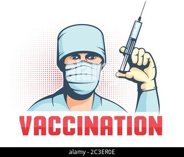 Médecin dans le masque avec la seringue en main - affiche de vaccination rétro Illustration de Vecteur