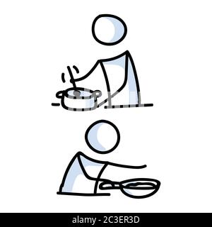 Adorable figurine bâton deux cuisiniers avec poêle icône de linéart. Pictogramme de préparation du dîner. Communication de l'illustration des repas du restaurant. Cuisine Illustration de Vecteur