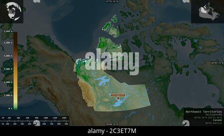 Territoires du Nord-Ouest, territoire du Canada. Données de shader de couleur avec lacs et rivières. Forme présentée dans sa région avec overl informatif Banque D'Images