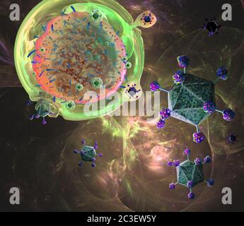 Illustration de L'IMMUNOTHÉRAPIE par cellules T DU RAC (récepteur de l'antigène chimérique), un processus en cours de développement pour traiter le cancer. Les lymphocytes T (un en haut à gauche), qui font partie du système immunitaire du corps, sont prélevés sur le patient et leur ADN (acide désoxyribonucléique) est modifié par des virus (vert) de sorte qu'ils produisent des protéines de récepteur d'antigènes chimères (RAC). Ces protéines seront spécifiques au cancer du patient. Les lymphocytes T modifiés sont ensuite multipliés dans le laboratoire avant d'être réintroduits dans le patient. Banque D'Images