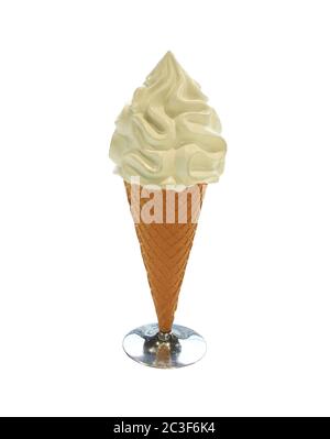 Glace dans un gobelet à gaufres. Cuillère à crème glacée à la vanille avec cône isolé sur fond blanc. Glace à la vanille Banque D'Images